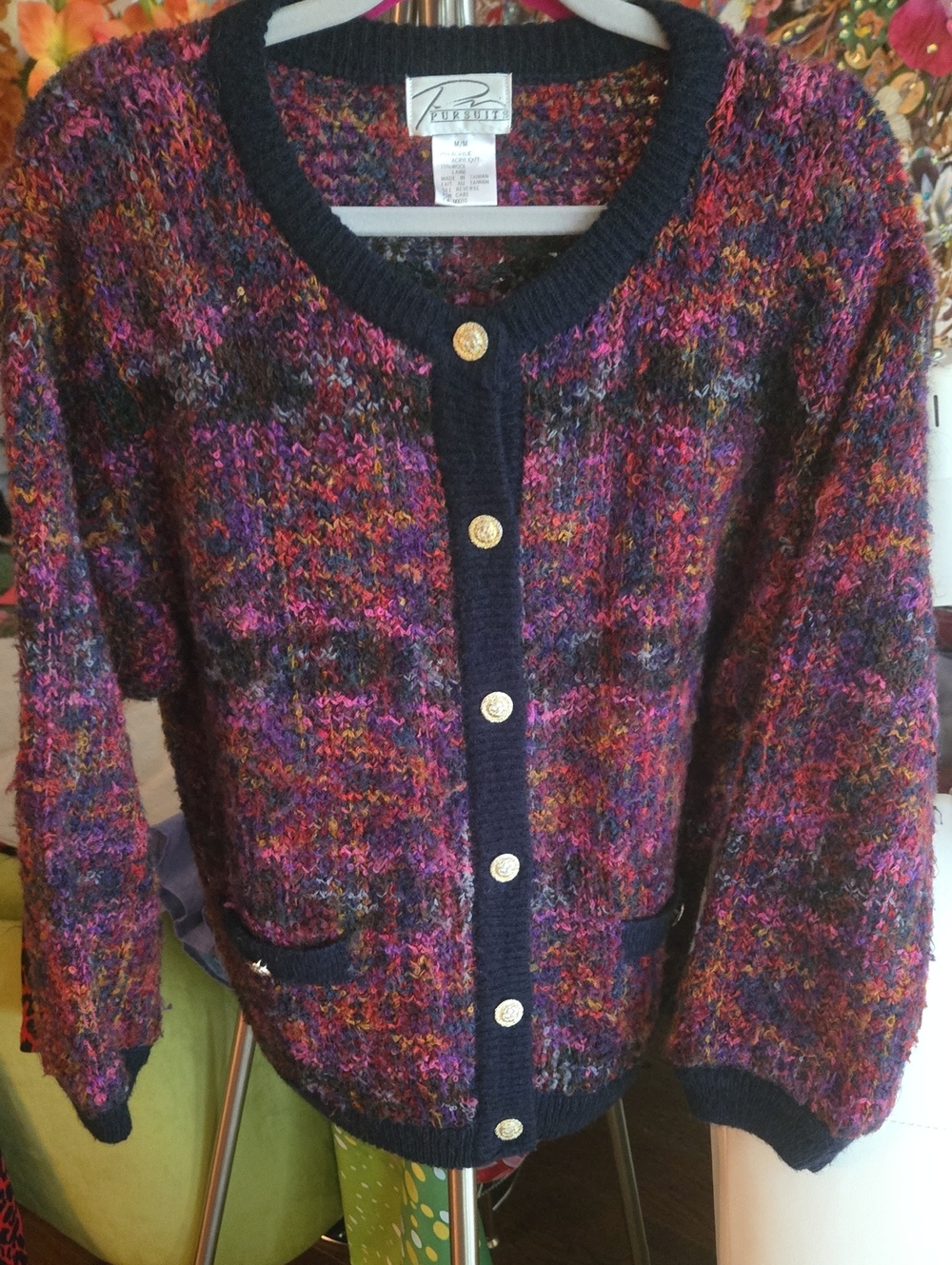 Valerie Stevens Pursuite Multicolor Bouclé Cardigan with Black Trim